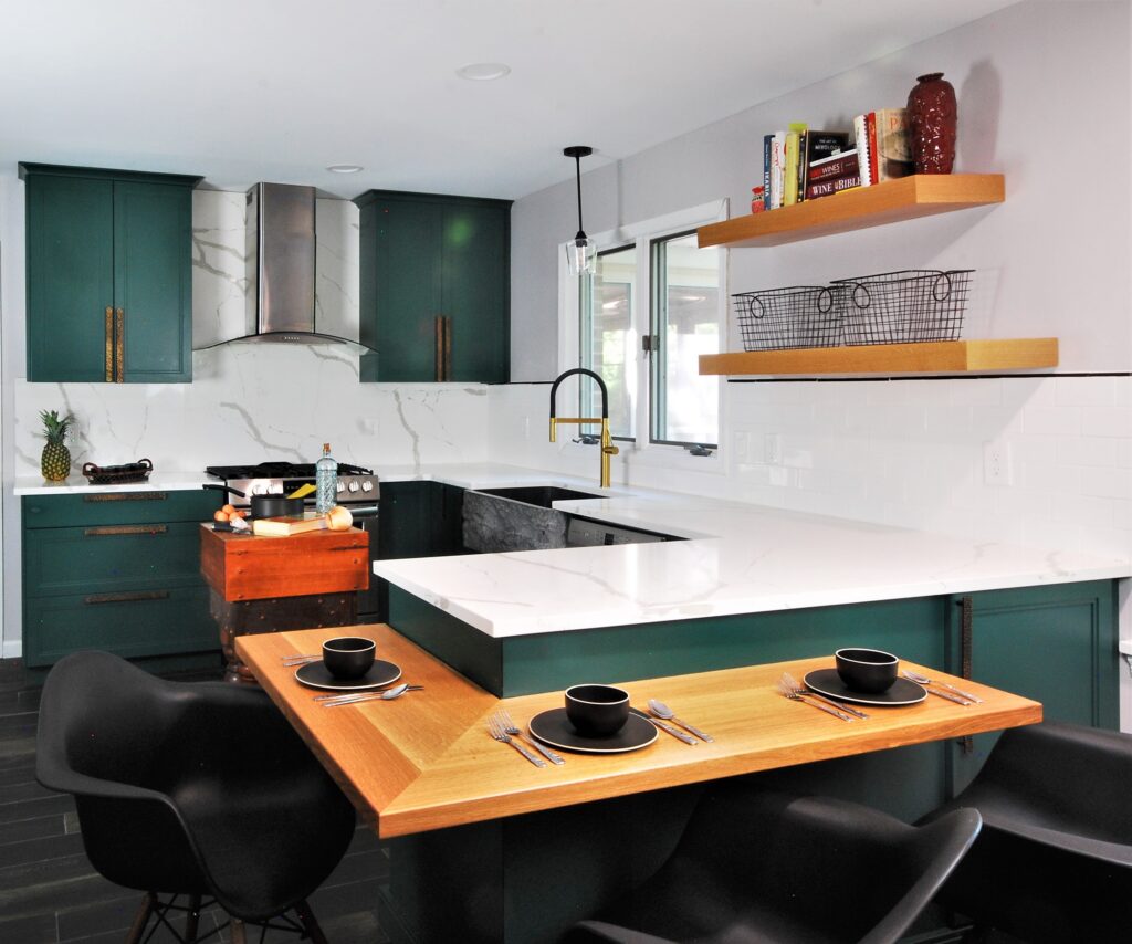 phthalo green kitchen cabinets with white marble countertop coloful kitchen remodel in New Jersey done by Tobias Design LLC